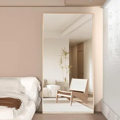 Image de Miroir mural complet de 180 x 80 cm, miroir de sol avec support, grand miroir rectangulaire pour chambre à coucher, cadre en alliage d'aluminium, à suspendre ou à poser