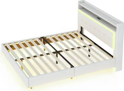 Produktbild von okwish Polsterbett 140×200 mit LED-Beleuchtung und USB, Doppelbett mit Kopfteil und offenen Fächern,Jugendbett in Beige,Ohne Matratze