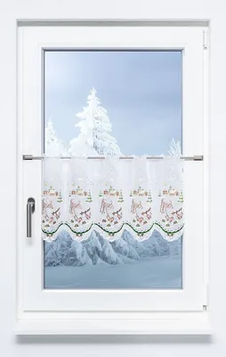 Produktbild von Scheibengardine Plauener Spitze - Winterwald mit Reh  (Bx H) 80cm * 35cm braun/mehrfarbig