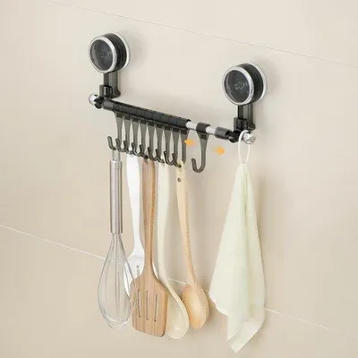 Image de Unyqoos® : Barre d'accroche pour cuisine avec ventouse, couleur gris – Rail pour accessoires de cuisine, 10 crochets coulissants, capacité jusqu'à 5 kg, sans perçage