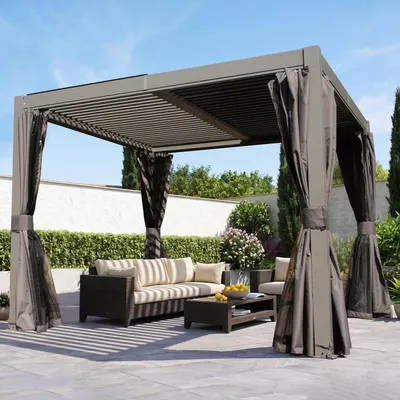 Obrázok produktu pre Pergola s lamielami, 3x3 metre, hliníková, samostatná, s 2 nastaviteľnými strechami, odolná voči poveternostným vplyvom, sivá farba