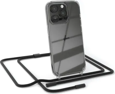 Produktbild von EAZY CASE Handykette für Apple iPhone 14 Pro, Clear Case aus Silikon, mit Umhängeband, abnehmbare Endstücke, Handyband in Schwarz