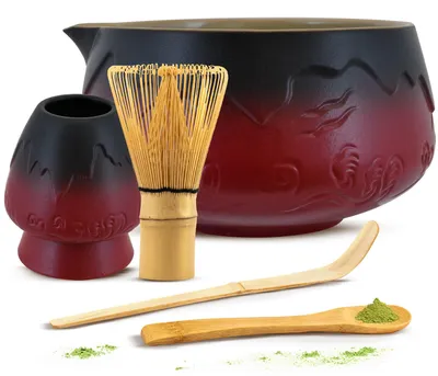 Produktbild von Cebador - Matcha Tee Set Mountain 450ml - Rote Keramik Matchawan Schale Mit Ausguss & Kusenaoshi Halter - Mit Bambus Chasen Besen, Chashaku