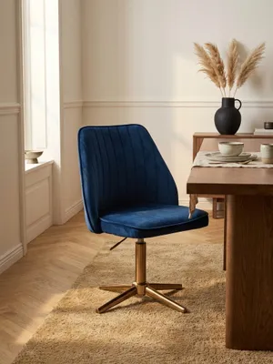 Produktbild von Schreibtischstuhl Dunkelblau Samt Design Drehstuhl mit Lehne, Schalenstuhl 120 kg Höhenverstellbar, Arbeitsstuhl ohne Rollen, Stuhl Schreibtisch Home-Office Drehbar