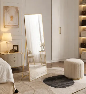 Immagine prodotto di Specchio a figura intera ad alta definizione INONEFT, 150 x 40 cm, specchio cosmetico rettangolare con cornice in lega di alluminio e supporto in metallo, colore oro, Immagine generata dall'IA