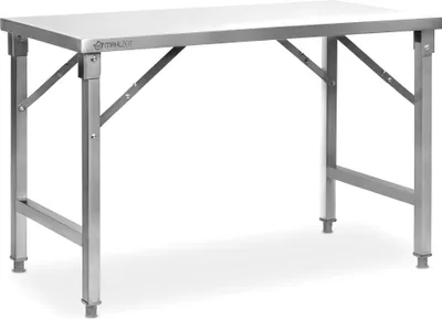 A stainless steel work table with a white top and silver legs, shown from the front.