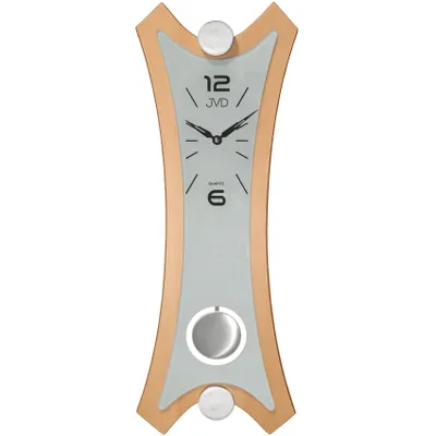 A wall clock with a pendulum.