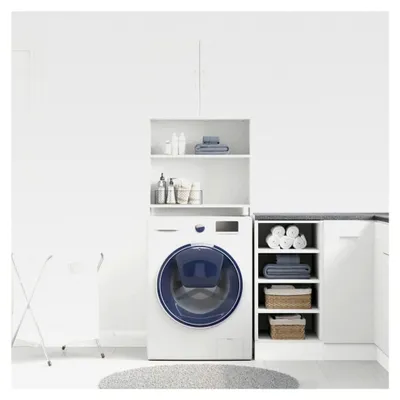 Produktbild von Waschmaschinenschrank in Weiß 64x24x190 cm aus Holzwerkstoff, Waschmaschinenregal, Badschrank, Badezimmermöbel, Badezimmerschrank, Badezimmerregal
