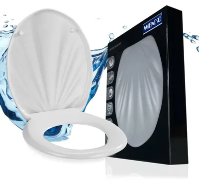 Produktbild von WENKO Toilettendeckel mit Absenkautomatik in Muschel-Optik, belastbar bis 150 kg, ovaler WC Sitz, abnehmbar, Klodeckel aus stabilem, antibakteriellem Duroplast, einfache Montage, Mod. Muschel, weiß