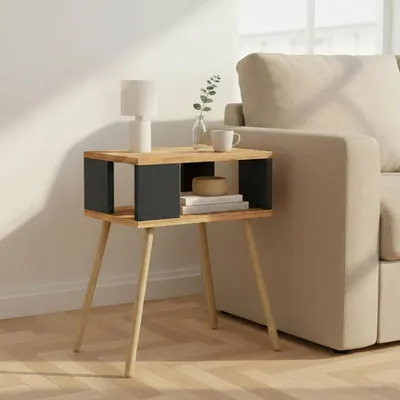 Produktbild von Nachttisch mit offenem Fach Skandinavisches Design Massivholz-Beine Beistelltisch Schlafzimmer Wohnzimmer (Anthrazit-Oak)