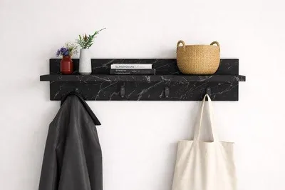 Image de Porte-manteau mural avec tablette, 4 crochets doubles, aspect marbre noir, 60 cm
