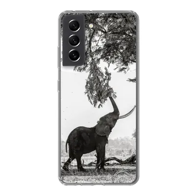 Produktbild von MuchoWow® Handyhülle Schutzhülle Hülle für Samsung Galaxy S21 FE Elefant - Baum - Tiere - Schwarz und weiß Silikon Softcase Handy Hülle - Mobiltelefonhülle