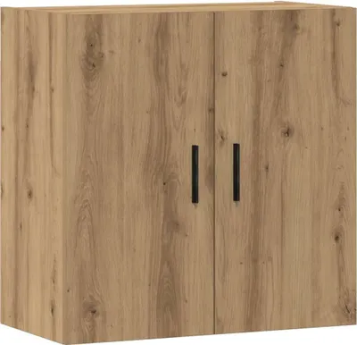 A front view of a wooden cabinet with two doors and black handles.