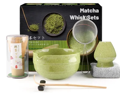Zdjęcie produktu dla Zestaw do parzenia matchy Solidchoice, 7 elementów, wykonany z bambusa, zawiera łyżkę i pojemnik na trzepaczkę – zielony, spiczasty dziobek