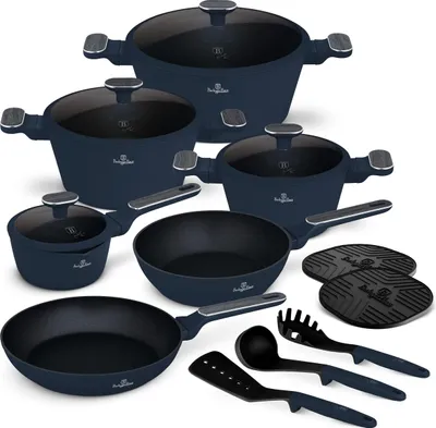 A collection of navy blue cookware and kitchen utensils arranged on a white background.