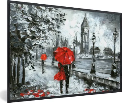 Produktbild von MuchoWow® Gerahmtes Poster Gemälde - Regenschirm - Öl 90x60 cm - Poster mit Schwarzem Bilderrahmen Wandposter Rahmen Foto Bilder - Fotorahmen - Foto-Plakat