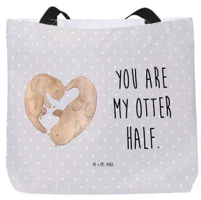 Produktbild von Mr. & Mrs. Panda Tote Bag Otter Herz - Grau Pastell - Geschenk, Laptoptasche, Strandtasche, Tasche, Hochzeitstag, Beutel, Seeotter, Schultasche, Liebe