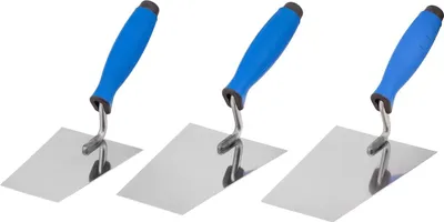 Produktbild von Mivos Edelstahl Trapezkellen-Set 3-teilig 140 mm 160 mm 180 mm – Rostfreie Maurerkellen in Trapezform - Stukkateurkellen mit Gummigriff, Glättekellen