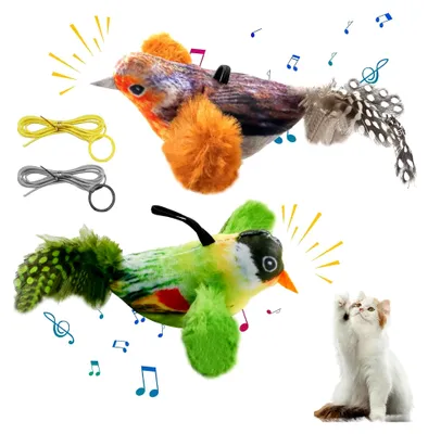 Produktbild von 2 Stück Fliegendes Vogelspielzeug für Katzen, Elektronisches interaktives Katzenspielzeug, Zwitscherndes Vogelspielzeug