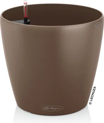 A brown planter with a water level indicator.