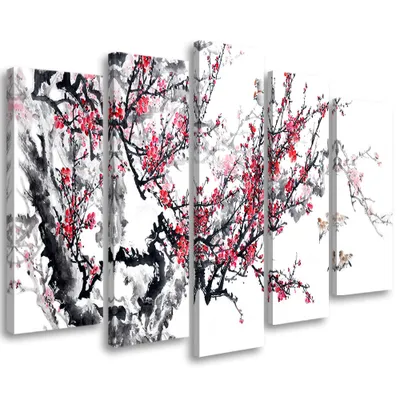 Produktbild von 5-teiliges leinwandbild kirschblüte japan baum 200x100 cm Feeby weiß wandbild bereit zum aufhängen