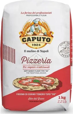 A bag of Caputo Pizzeria flour with an illustration of a pizza and a baker.