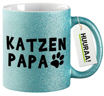 Produktbild von Huuraa Glitzertasse Katzenpapa Tapse 330ml Blau Keramik Kaffeebecher Geschenkidee