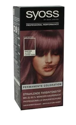 A box of Syoss hair dye with a picture of a model with the colored hair on the front.