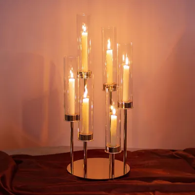 Produktbild von Kerzenständer 6-Armig Goldfarben Glas Stabkerzen