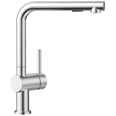 A stainless steel kitchen faucet on a white background.