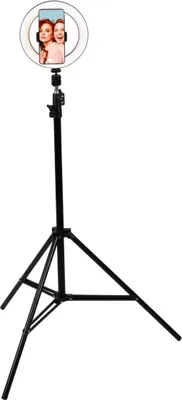Produktbild von Selfie-Ringlicht mit Stativ (ausziehbar von ca. 75 - 180 cm), Handyhalter von ca. 58 – 80 mm, drehbar, Ringlicht 360° drehbar, 80 LEDs in 3 Licht-Modi, je in 9 Einstellungen, mit USB-A-Kabel inkl. Controller, Ø ca. 20,3 cm