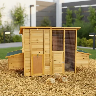 A wooden chicken coop with three chicks in front of it, set on a bed of straw in a backyard.