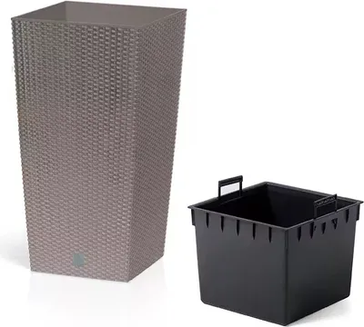 A tall, square planter with a woven texture and a separate black insert are shown against a white background.