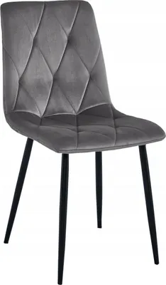 A gray velvet upholstered chair with black metal legs, presented against a white background.