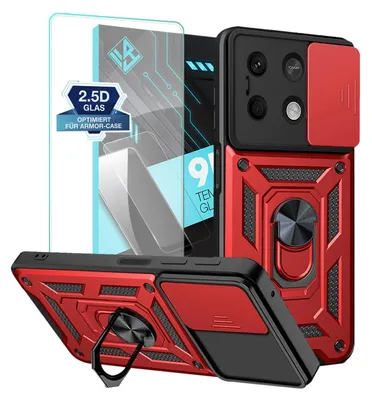 A red and black phone case with a screen protector and a camera cover.