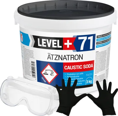 Produktbild von Rohrreiniger Ätznatron Entfetter Perlen Caustic Soda 3kg Eimer Seifenindustrie + Schutzbrille + Nitrillhandschuhe Arbeitsschutz Set RM71