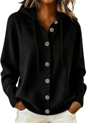 Produktbild von ASKSA Damen Strickjacke Langarm Strickcardigan Einfarbig Pullover mit Knopfleiste Kapuze Warm Gestrickt Kapuzenpullover Casual Cardigan (Schwarz,L)