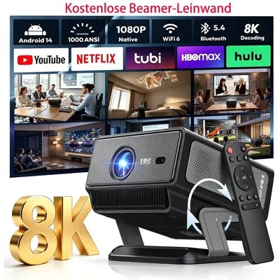 Zdjęcie produktu dla Inteligentny projektor Android 14, 4K/8K, LCD, 1000 lumen ANSI, automatyczne ustawianie ostrości, Wi-Fi 6, Bluetooth, HDMI, USB, do kina domowego, projekcja sufitowa i biurkowa. Projektor + ekran