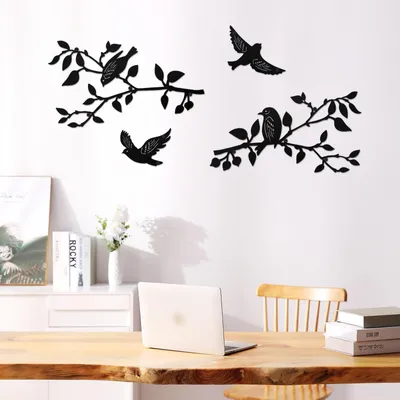 Obrázek produktu pro Kovové nástěnné dekorace s motivem ptáků na větvi, sada 4 kusů, vhodné jako dekorace do zahrady a na balkon