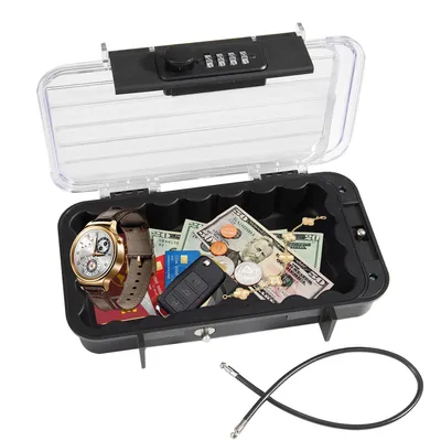Produktbild von Tragbarer Tresor mit Zahelncode, Wasserdichte Mini Tresor Zahlenschloss Reise-Safe-Box mit Anti-Diebstahl-Drahtseil und transparentem Deckel