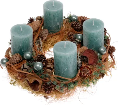 Produktbild von Mooskranz Adventskranz Ø 30 cm H ca. 16 cm inkl. 4 Stumpenkerzen Ø 6 cm H 9 cm smaragd