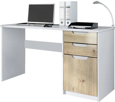 Produktbild von Vladon Schreibtisch Logan,  Germany, Bürotisch mit 2 Schubladen und 1 Tür, Weiß matt/Eiche Nordic (129 x 76 x 60 cm)