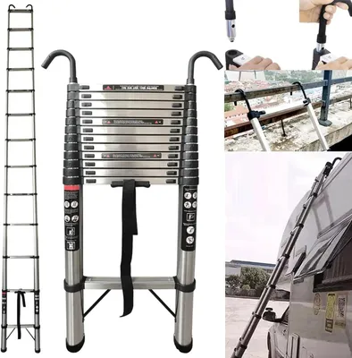 Immagine prodotto di Scala - Scala telescopica / Scala a prolunga - 5 m - Con gancio - 13 pioli - Portata 150 kg - Acciaio inossidabile e ABS - Pieghevole fino a 101 cm