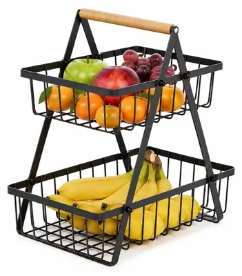 Immagine prodotto di Amig - Cesto portafrua a 2 livelli, modello STILO04, dimensioni 30 x 18,4 x 32 cm, realizzato in acciaio e bambù, colore scuro