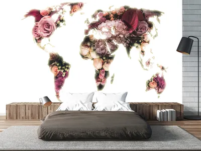 Produktbild von Vlies Fototapete Weltkarte 350x256 cm Tapeten Wandtapete XXL Landkarte Kontinente Blumen Pfingstrosen k-C-10007-a-a