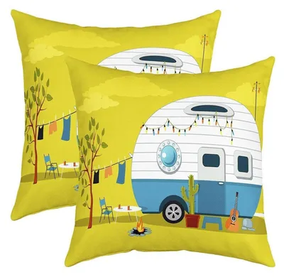 Produktbild von Kissenbezüge 45x45 cm, 2 Stück, Polyester, Camping Motiv, Gelb Grün
