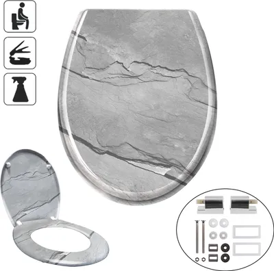 A toilet seat with a marble pattern, shown open and closed, along with its installation hardware.