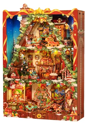 Produktbild von Bausatz für ein 3D-Holzmodell, bestehend aus einem Miniaturhaus und weihnachtlichen Szenen
