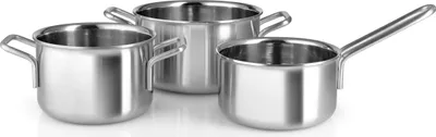Three stainless steel pots of varying sizes are arranged on a white background.