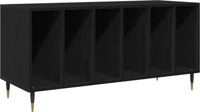 A black wooden cabinet with six open compartments and angled legs with gold accents, presented against a white background.